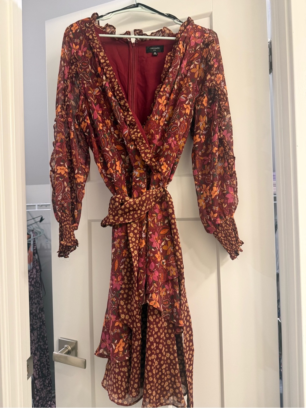 Tahari Maroon Floral Wrap Dress with Pink and Orange Accents